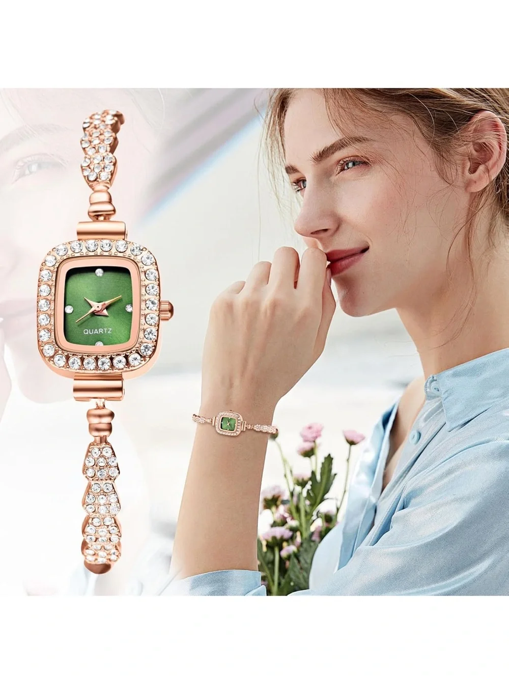 Anthropologie Rose Gold-Tone Crystal Bracelet Watch with Green Dial